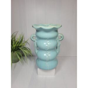 Vintage McCoy Vase Sky Blue, Double Ribbon Handle, Ruffled Edge, Vine Decor